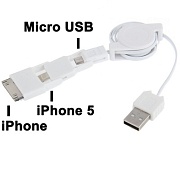 Кабель-рулетка USB 2.0 - micro USB + 30 pin + 8 pin белый